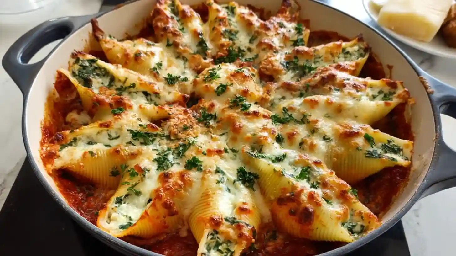 Classic stuffed shells filled with ricotta and mozzarella cheese baked in marinara sauce in a white casserole dish